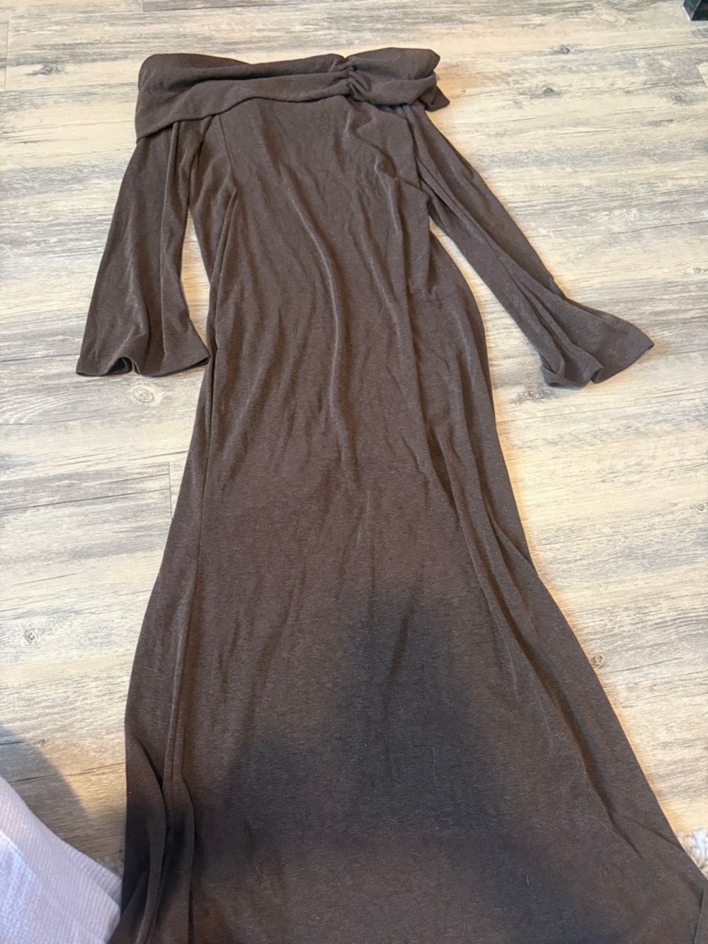 Off-Shoulder Long Sleeve Maxi Dress in Dark Brown